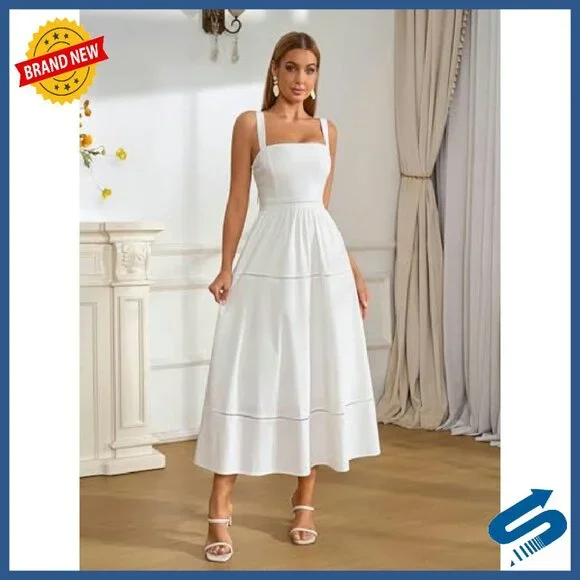 Summer Corset Midi Dress Square Neck Flowy A-Line Wedding Guest - Picture 6 of 8